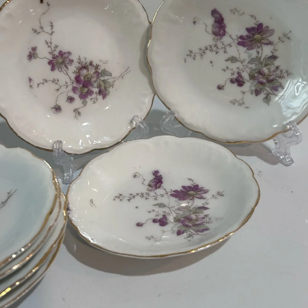 Antique L.S.&S. Carlsbad Austria Hand Painted Floral Plates Set  7 Gold Trim 3.5